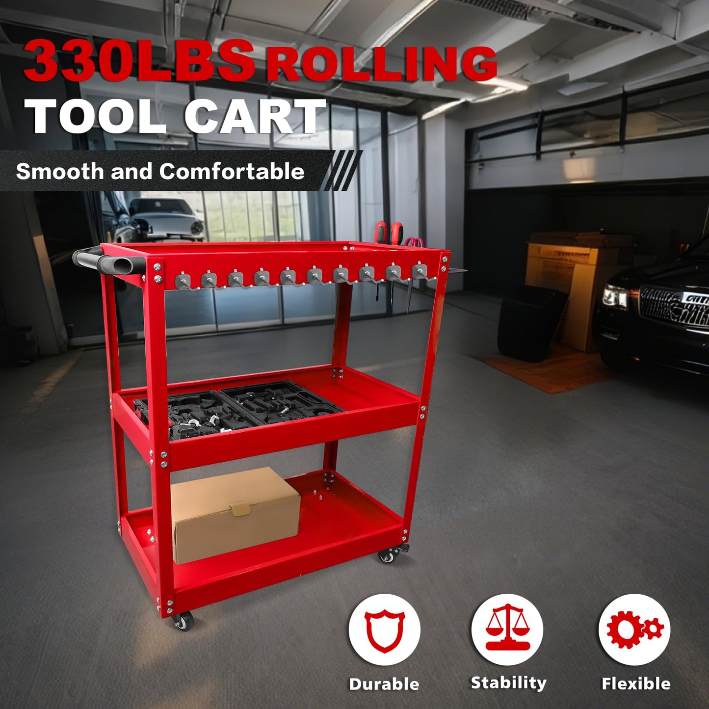YATOINTO 3-Tier Rolling Tool Cart, Metal Rolling Cart with Side Hooks Wheels, 330LBS Heavy Duty Utility Carts, Handle Rolling Mechanic Tool Cart Storage Organizer for Warehouse Garage