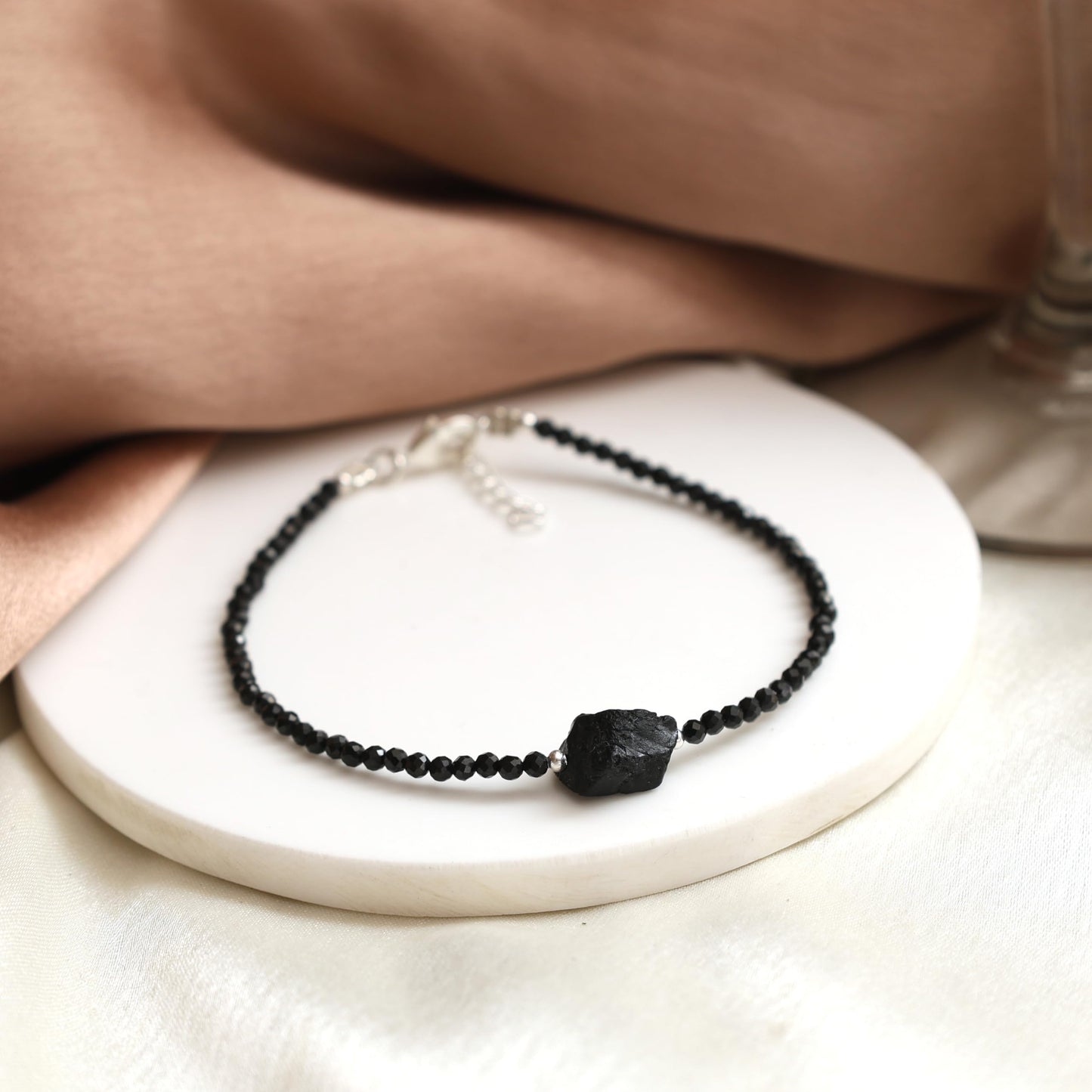 Gempires Natural Black Spinel Beaded Bracelet With Raw Gemstone Crystal Jewelry Hypoallergenic 8 Inch Silver Plated Lightweight Handmade Jewelry Gifts For Her