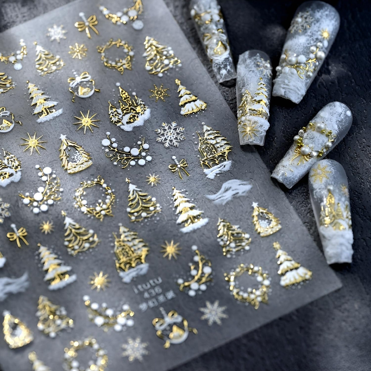 Christmas Nail Art Stickers 5D Embossed Xmas Tree Snowflake Nail Decals White Gold Christmas Nail Stickers for Nail Art Self Adhesive Holiday Nail Supplies Design for Women Girls