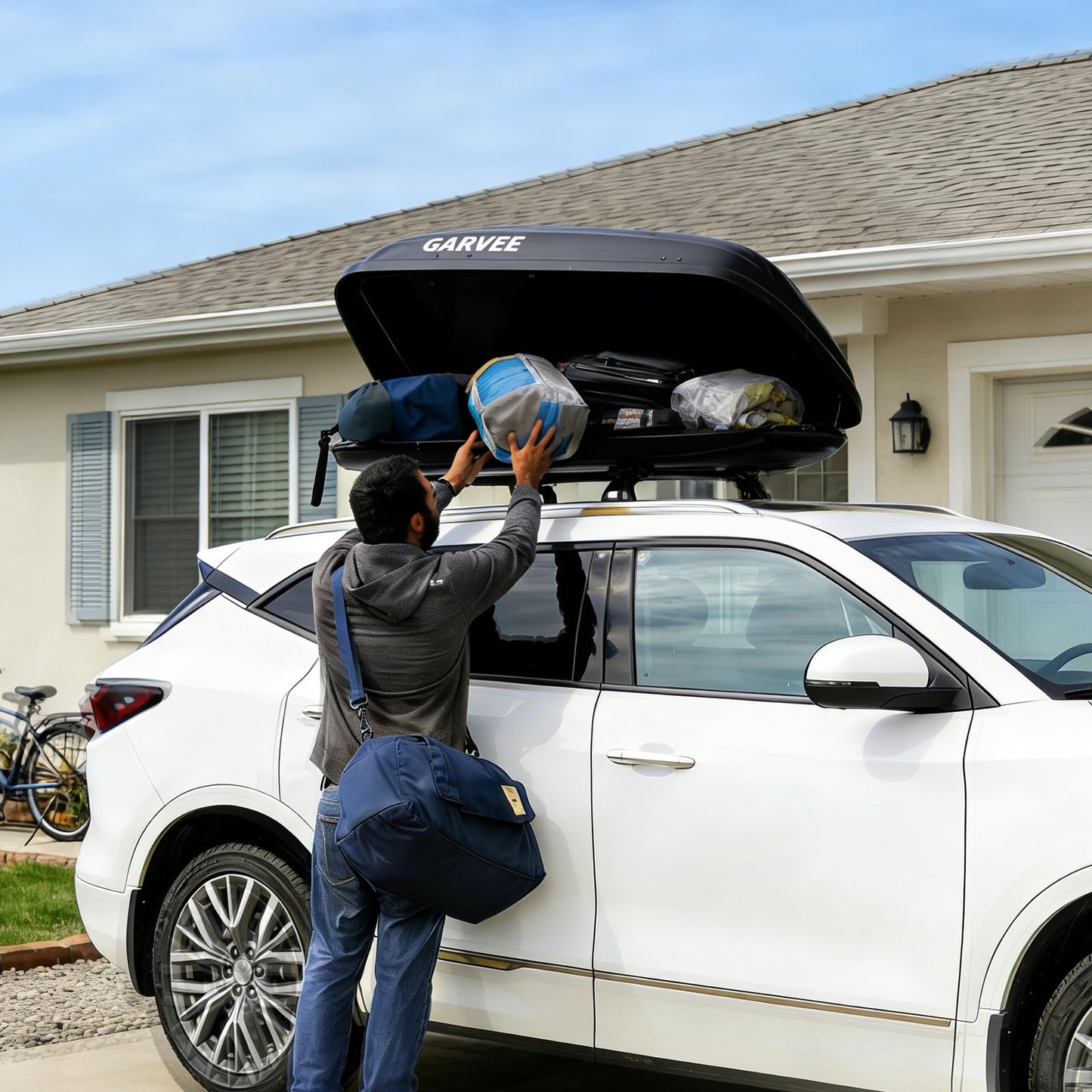 Garvee Heavy Duty Hard Shell Roof Top Cargo Carrier - 49(L) x30(W) x14(H) Waterproof Lockable Storage Box Capacity 165 Lbs 10 Cu Ft - Tool-Free Install- Fits SUV, Truck, Van