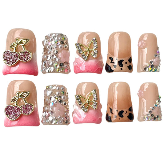Handmade Press on Nails Short Duck Shape - Leopard Print & Full Diamond Cherry Design, Pink Acrylic Reusable False Nails with Gold Leaves & Butterfly, Unique 3D Nail Art Set (Jewel Orchard, M)
