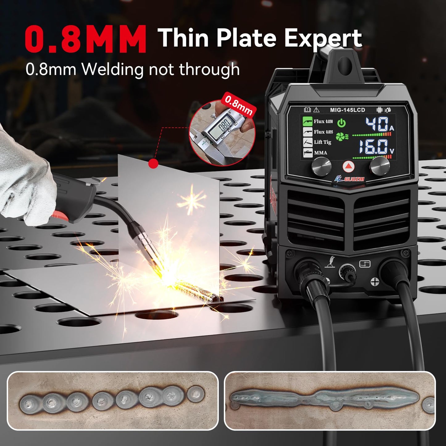 GZ GUOZHI 145A MIG Welder, 3 in 1 Welder FLUX MIG/Lift TIG/ARC Multi-Process Mig Welder, 110V Welding Machine, Flux Core Welder Welder Machine 110v with LCD Large Screen