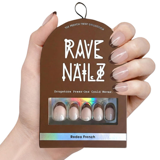 Rave Nailz Rodeo French Tip Press On Nails (24 Count) | Natural Base 3D False Oval Press On Nails Short with Brown Tip | Chip-Resistant Fake Nails with Glue, Includes File, Long-Lasting 2+ Weeks