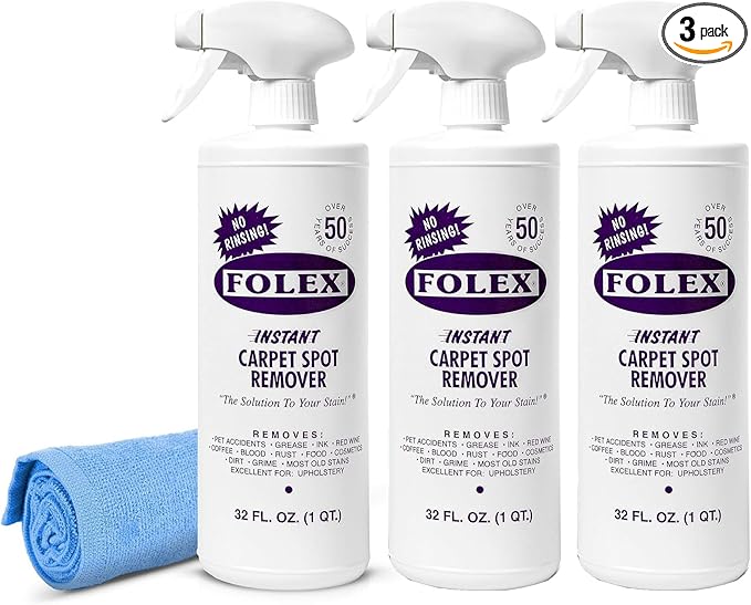 FOLEX Instant Carpet Spot Remover 32 oz â Powerful Stain Remover for Carpets, Upholstery & Rugs â Eliminates Pet Stains, Grease, Red Wine, Food, Makeup & More â With Reusable Cleaning Cloth - 3 Pack