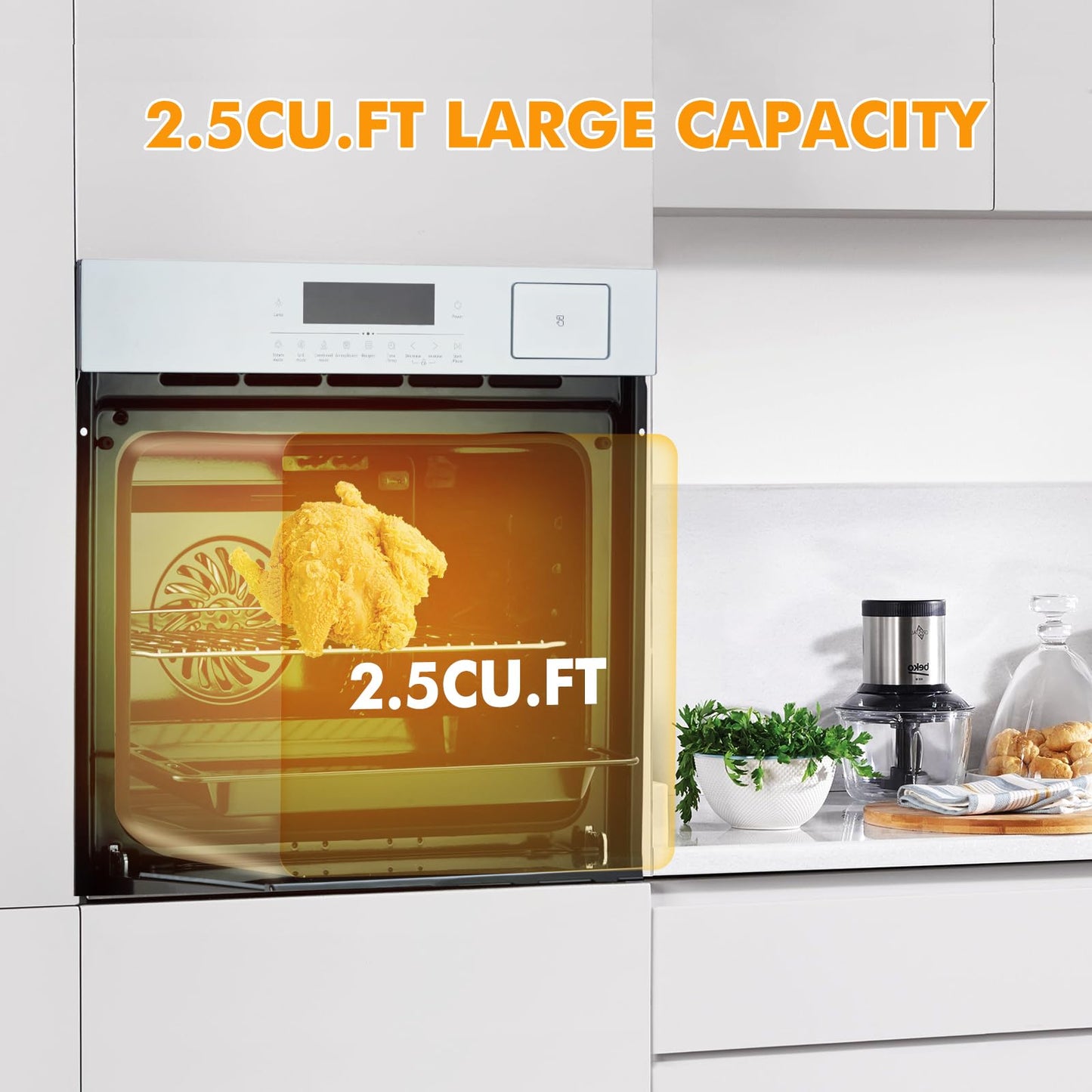 24" Single Wall Oven, Built-in Ovens with Steam and Air Fry Function, 5 Automatic Recipes, 3000W, 240V, 2.5 CF Convection Electric Oven, Stainless Steel, Touch Control, Timer, Safety Lock