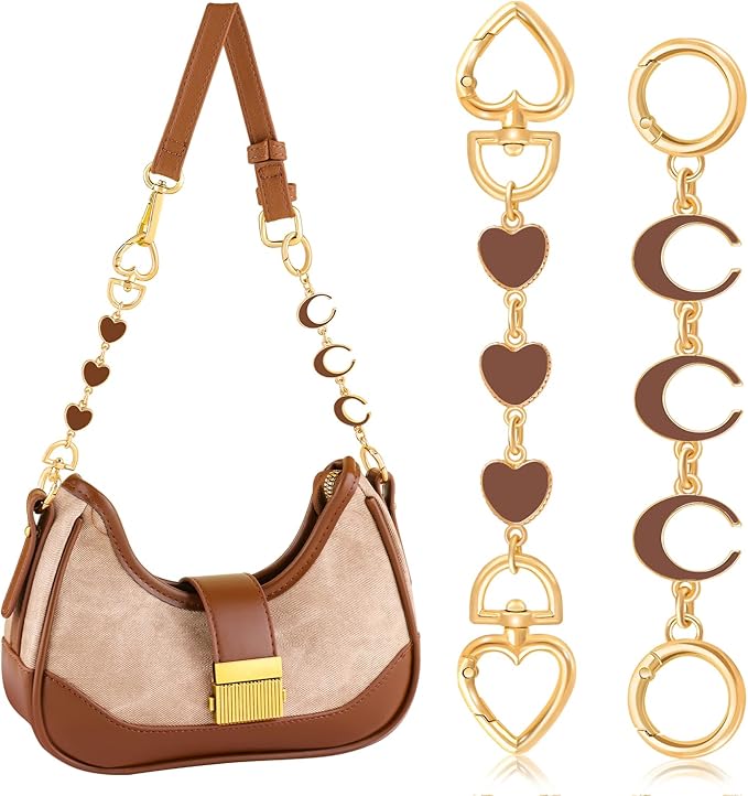 2Pcs Bag Extender Chain (Brown Moon and Heart), Purse Extender Chains Bag Strap Extender for Handbags Shoulder Bags, Metal Gold Chain Replacement Brown Purse Bag Chains Accessories Mother's Day
