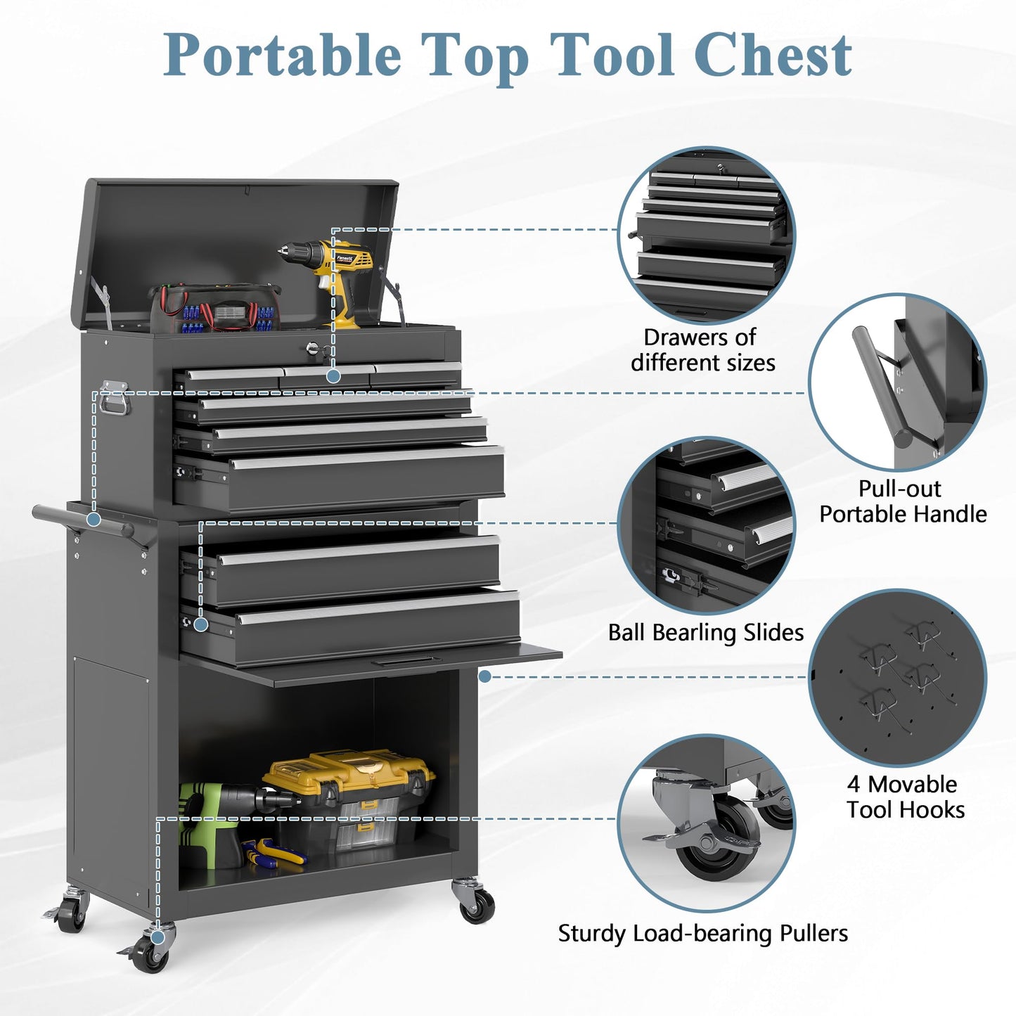 HOWSVN Tool Chest, 8 Drawers Rolling Tool Cabinet, Removable Cabinet Storage Tool Box with Hooks and Liners,Universal Lockable Wheels, Metal Tool Storage Cart, Tool Box for Garage, Workshop