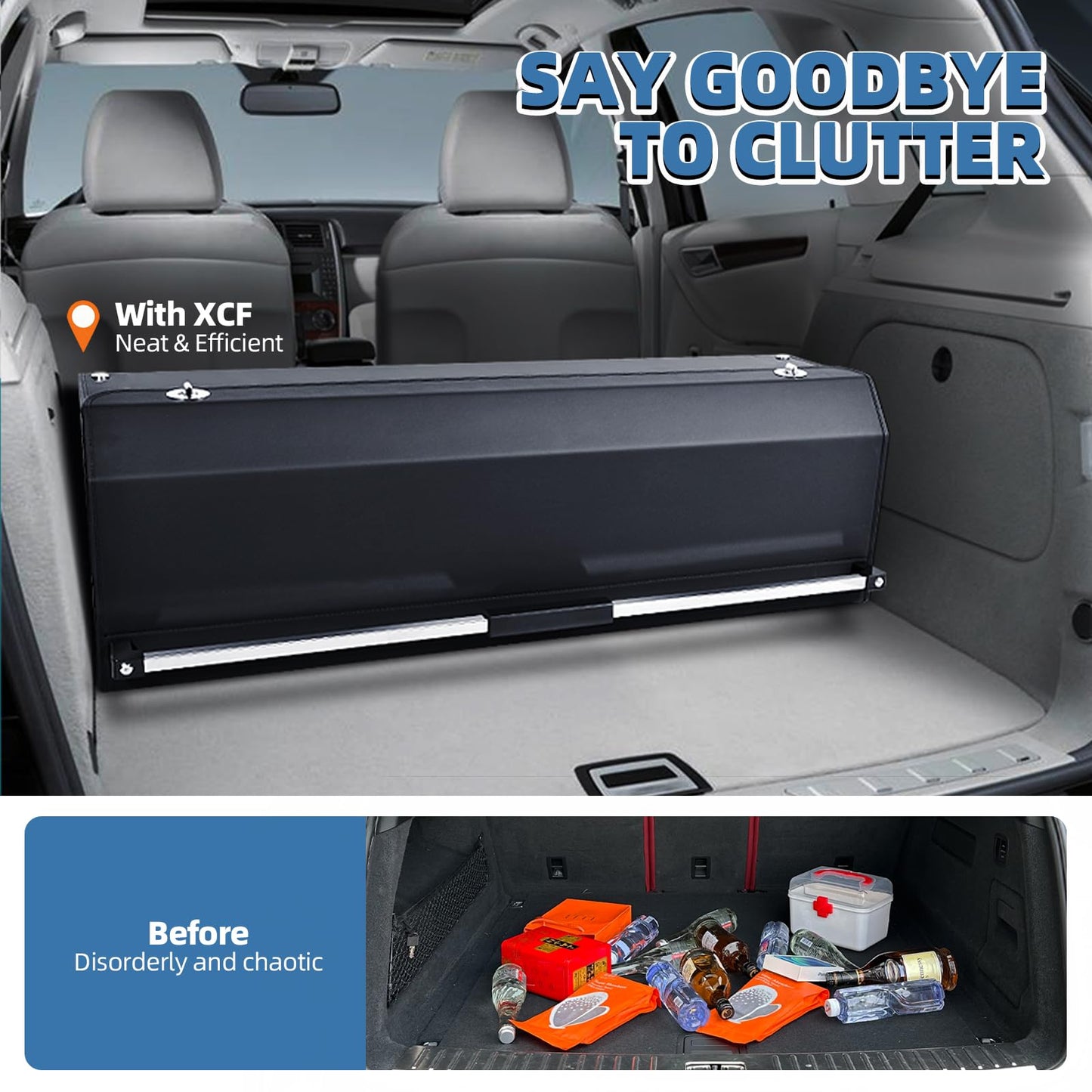 XCF Car Trunk Organizer, Leather Trunk Organizer with LED Light Car Storage Box with Lid and Push-pull Handle Organizer Trunk Storage for SUV, Trunk, Minivan (Black, 40.5 x 11.4 x 12.2in)
