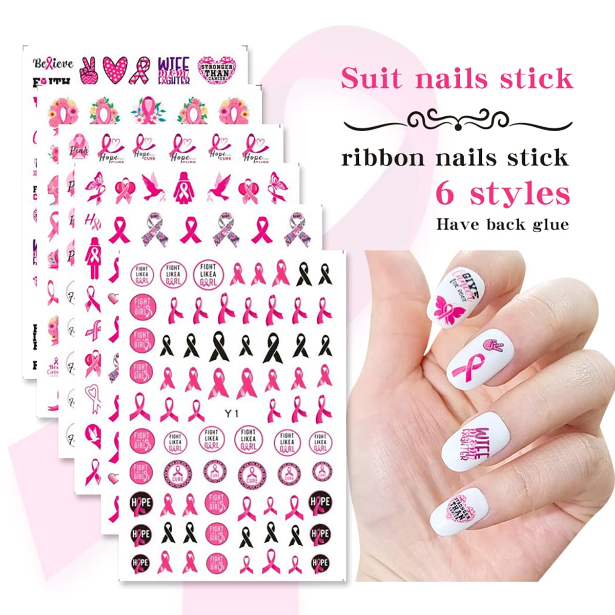 6Sheets Breast Cancer Awareness Nail Stickers - Self-Adhesive Pink Ribbon Decals for Women - DIY Nail Art Design Supplies with 'Love Heart' & 'Letter' Themes