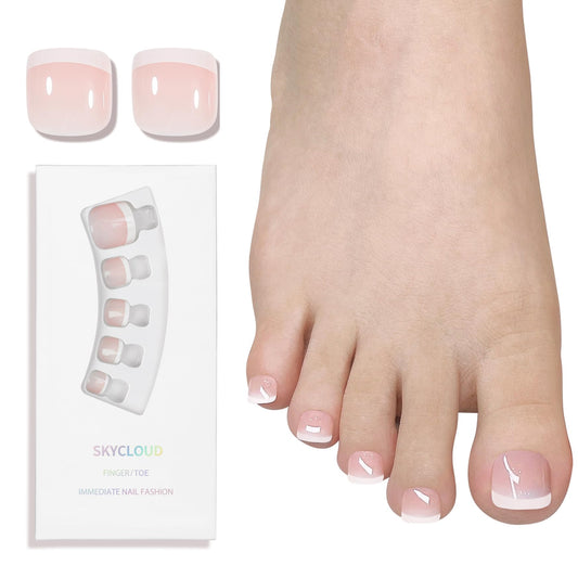 Short Press On Toenails,14Size-28 Pcs Soft Gel French White Square Fake Toenails Kit with Toenails Glue,Natural Reusable Stick On False Toenails for Women and Girls (Skycloud White Toenails) SK0730