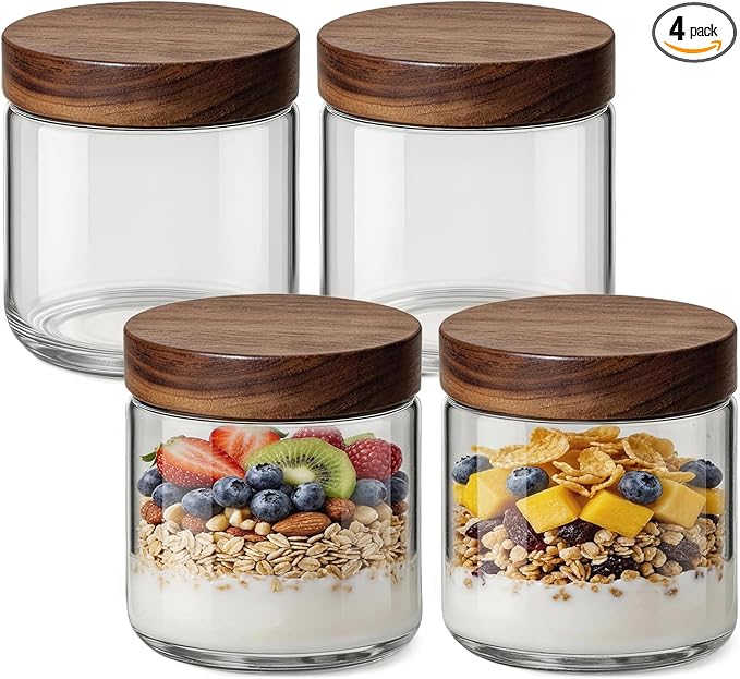 10oz 4 Pack Overnight Oats Containers with Lids, Glass Mason Jars with Acacia Wood Airtight Lids, Wide Mouth Meal Prep Storage Jars for Oats, Chia Pudding, Salad, Parfait, Snacks, Spice