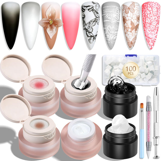Furtherpretty Cushion Ombre Nail Art Gel Kit with 3D Sculpting Gels, 4 Colors Gradient Painting Gel Polish Set with 100 Sponges, Brush & Carving Pen, Aura Nails DIY Home Manicure Salon Supplies