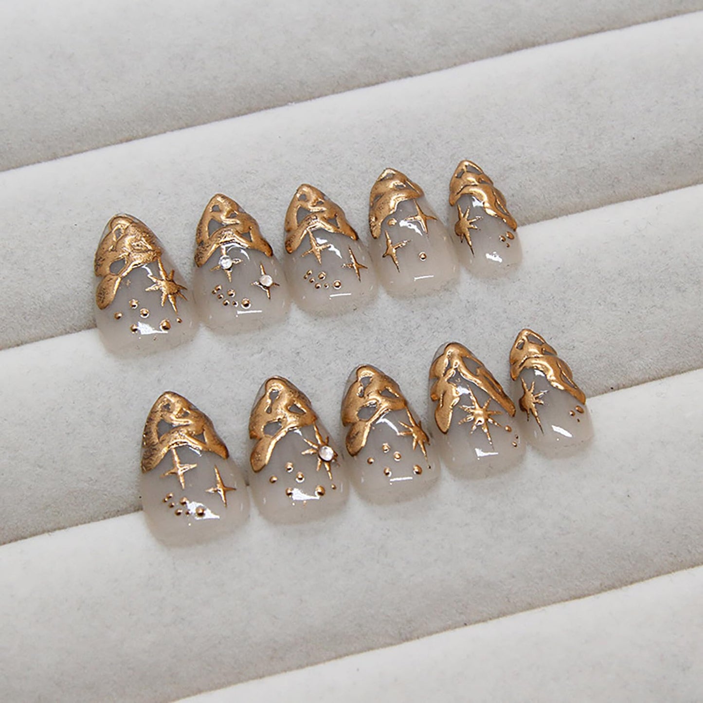 Gold French Tip Press On Nails - Short Almond 3D Stereoscopic Stick On Stars Rhinestones Design Coffin Acrylic Full Cover Artificial Nails for Women