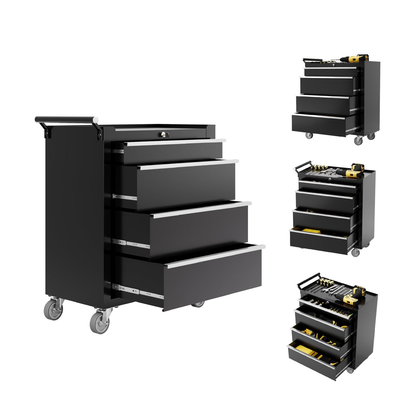 PeakPursuit 4-Drawer Rolling Tool Chest with Lock System, Portable Tool Box with Wheels, Secure Storage Cabinet for Warehouse, Workshop, and Repair Shop, Black
