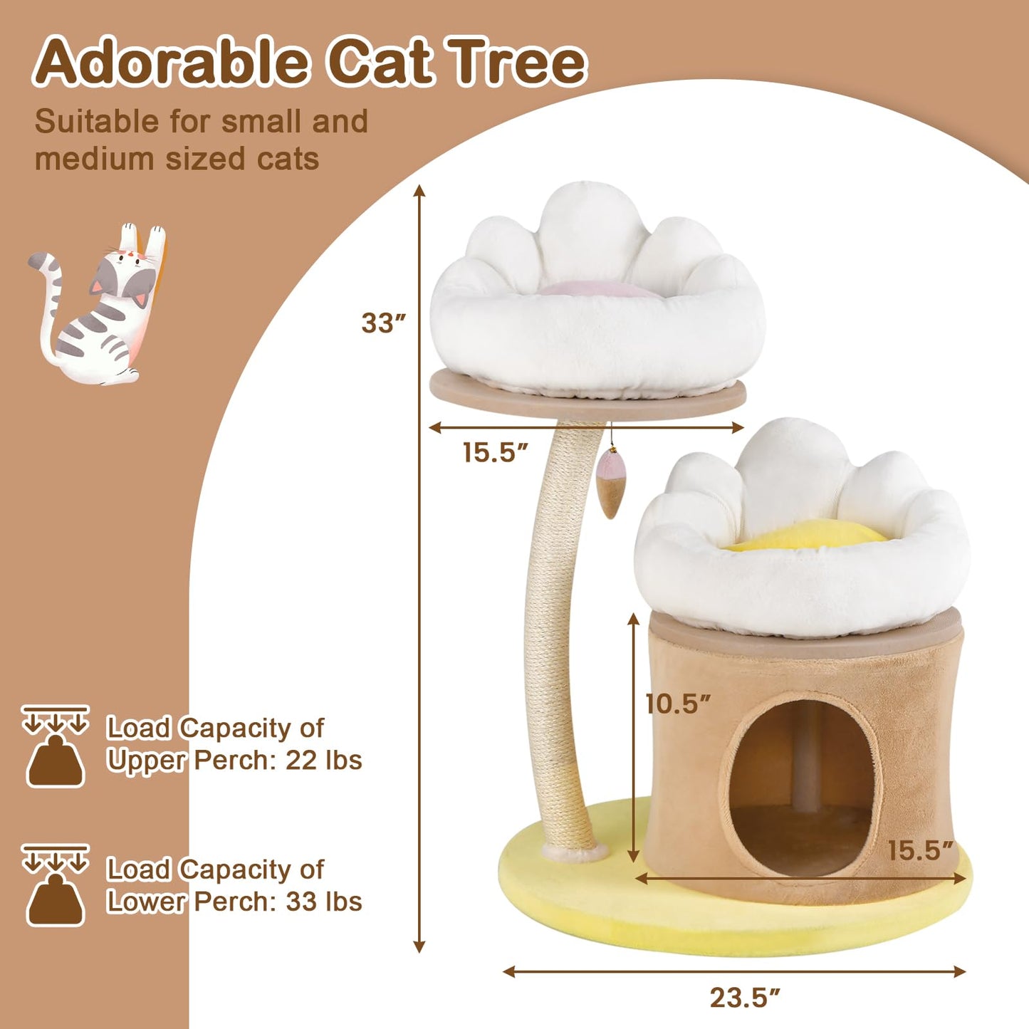 PETSITE 33 Inch Cute Cat Tree, Modern Cat Tower with Sisal Scratching Post, Cat Condo, Interactive Teasing Toy, 2 Removable and Washable Top Perches, Small Cat Tree for Indoor Cats
