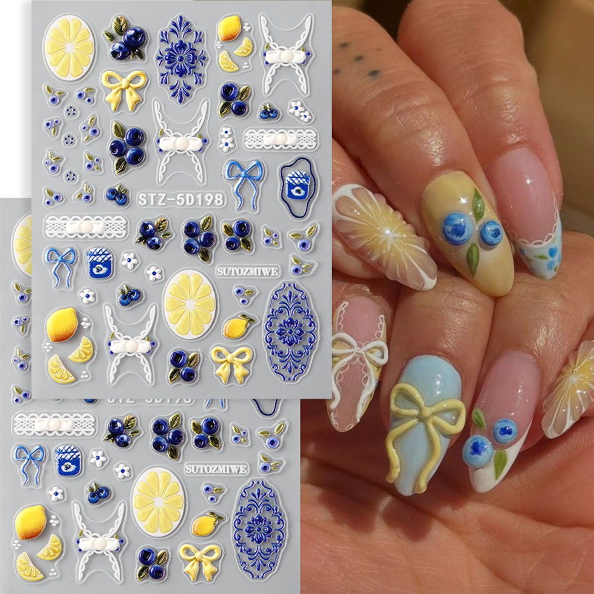 5D Embossed Flower Nail Art Stickers, 5 Sheets Self-Adhesive 3D Floral Nail Decals with Floral, Starfish, Bow & Lemon Designs Cute Summer Nail Art Supplies Sticker for DIY Manicure Decoration
