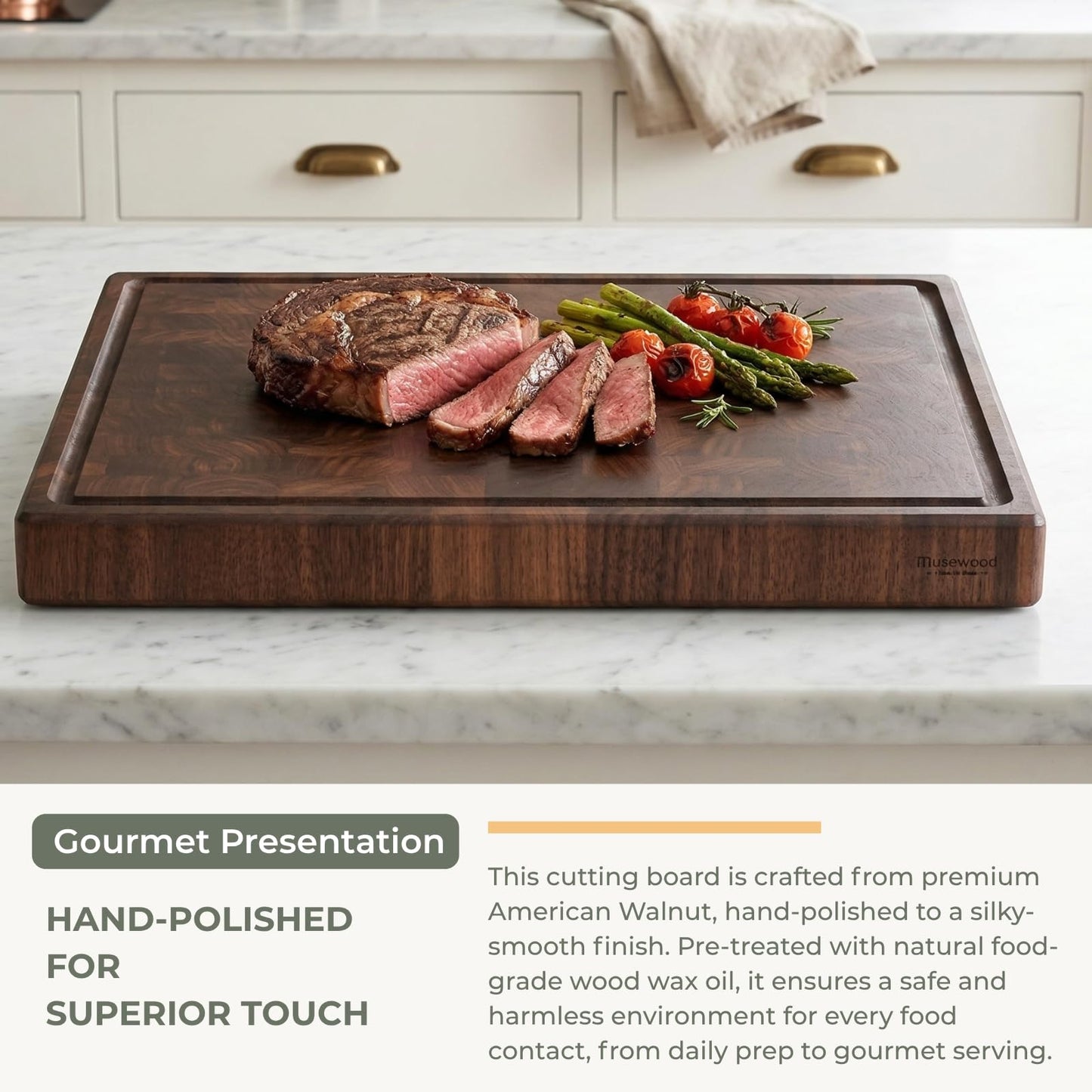 muso wood End Grain Cutting Board, Black Walnut Wood, 2" Thick Dual-Sided Wooden Chopping Board with Juice Groove & Handle - Idea for meat cutting, vegetable dicing, and fruit processing, 20 x 15 inch