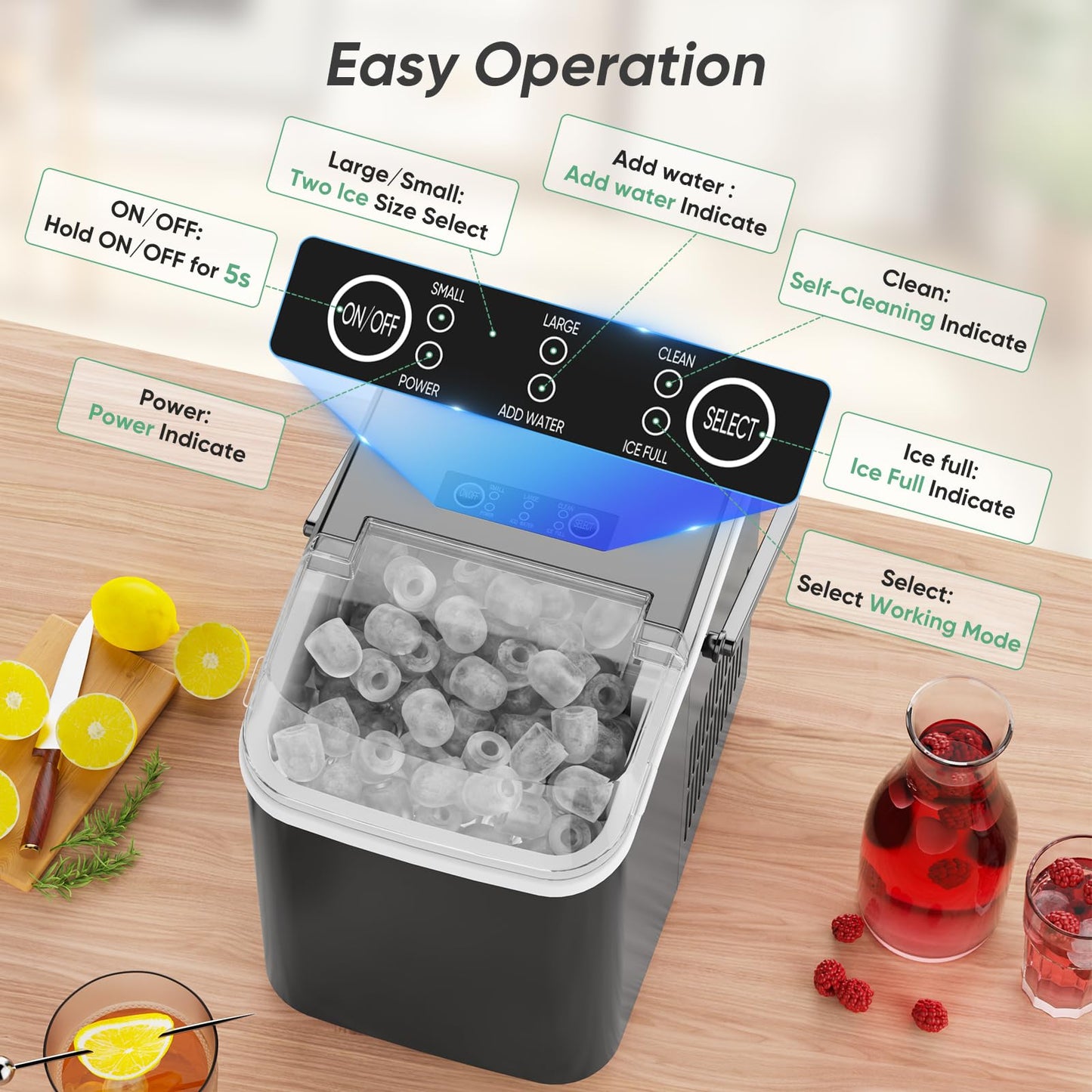 DUMOS Countertop Ice Maker, Portable Ice Machine Self-Cleaning, 9 Cubes in 6 Mins, 26.5Lbs/24H, 2 Sizes of Bullet Ice, Ice Scoop, Basket & Handle, Ice Cube Maker for Home Kitchen Party,1.5 L, Black