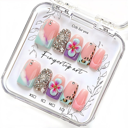 Handmade Acrylic Press on Nails Short Duck Nails Press on 3d Floral Designs Square Reusable Fake Nails Luxury Rhinestones Cute for Women (Size M）