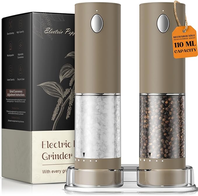 Electric Salt and Pepper Grinder Set, Rechargeable Automatic Salt and Pepper Shaker with 6 Adjustable Coarseness, Large-Capacity Pepper Mill Kitchen Appliances Gifts for Women(Brownï¼