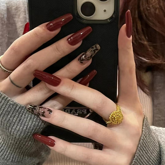 24 PCS Burgundy Floral Press on Nails, Long Square Fake Nails Kit with Black Leaf, Reusable Glossy Wine Red Acrylic Press On Nail False Nails for Women and Daily Wear