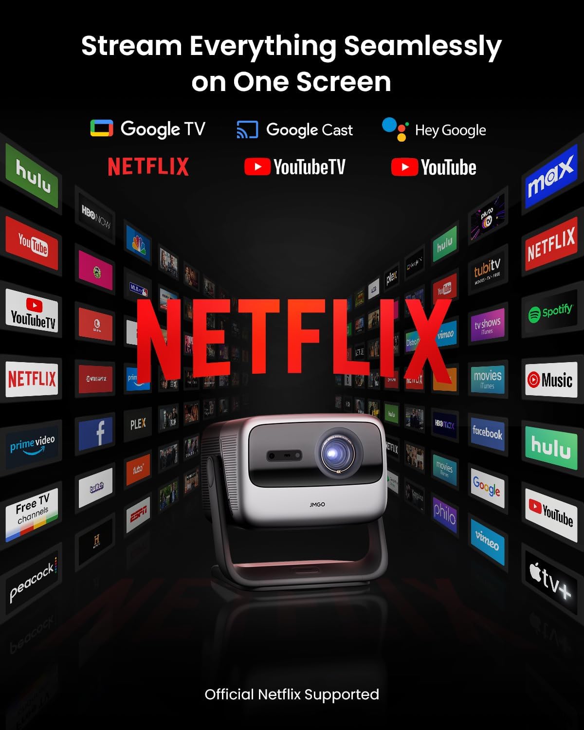 JMGO N1S Ultimate Triple Laser 4K Projector, 3300 ISO Lumens Projector, Google TV Netflix, Real-Time Auto Screen Fit, HDR10, 180", Blu-ray 3D, Home Theater Projector with 20W Dolby Digital+
