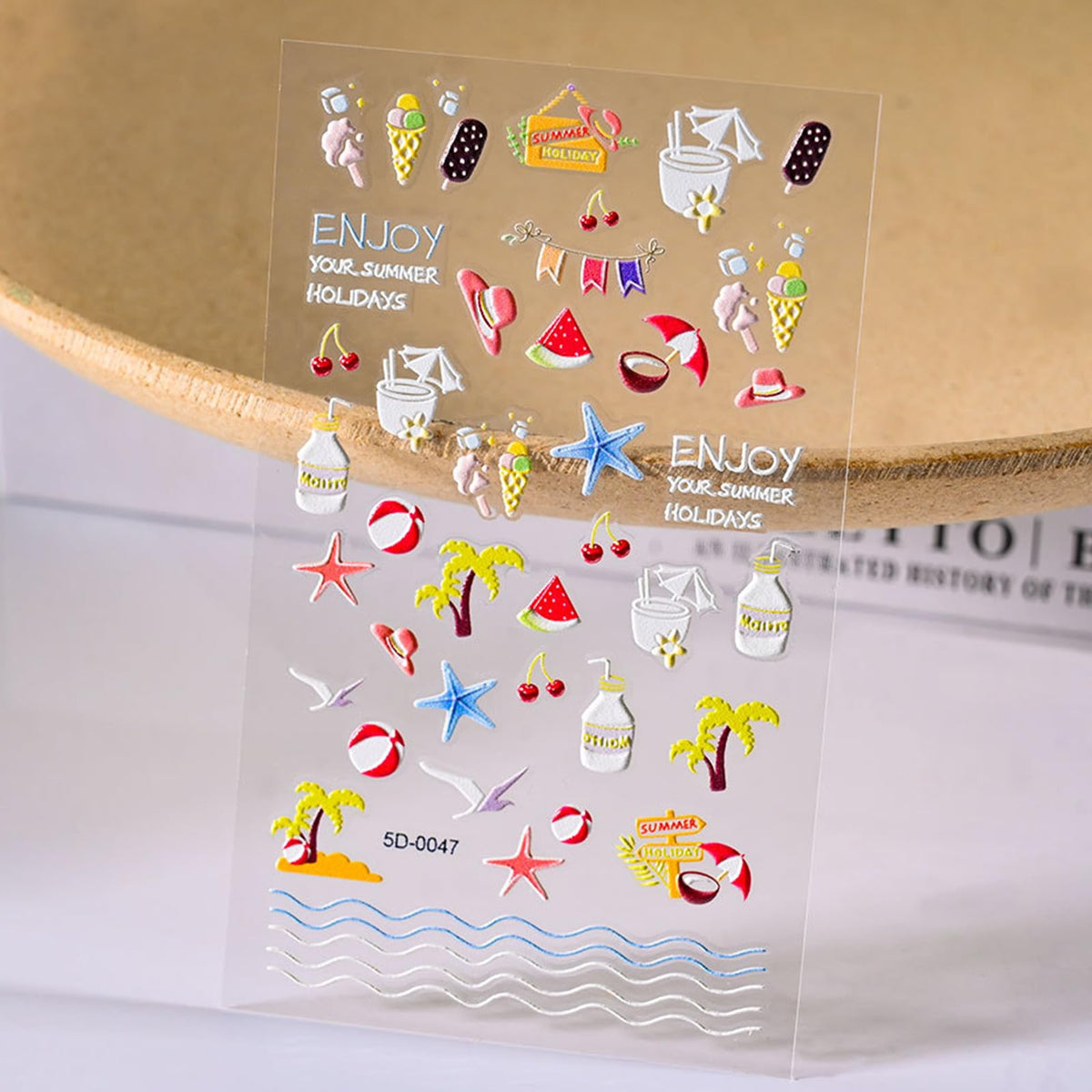 4 Sheets Ocean Nail Art Stickers Summer Nail Decals 5D Embossed Beach Self-Adhesive DIY Nail Sticker Cute Palm Tree Sea Shell Starfish Nail Supplies for Women Acrylic Nails DIY Decoration