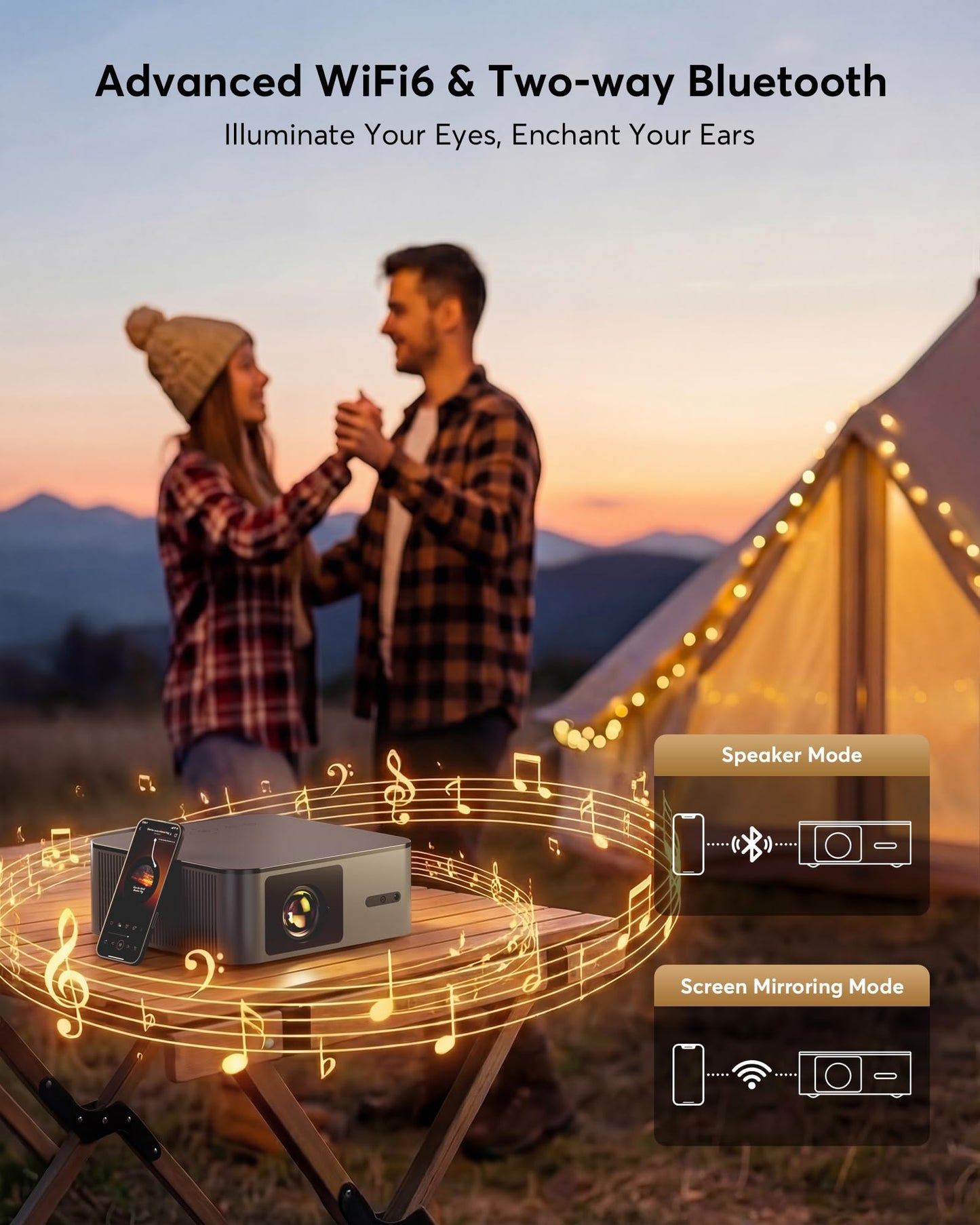 4K Decoding Outdoor Projector Compatible with Netflix [2000 ANSI/AI Auto Focus] Smart Movie Projector with Wifi and Bluetooth, 20W Dolby Audio|Dust-Proof|Built-in Apps|HDR10 Projector with 120" Screen