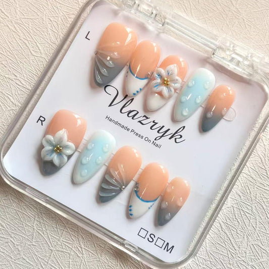 Handmade Press-On Nails for Women - Medium Almond Fake Nails | Luxury Gradient Blue 3D Floral Design | Reusable Salon-Quality Glossy Acrylic False Nails.（S Size)