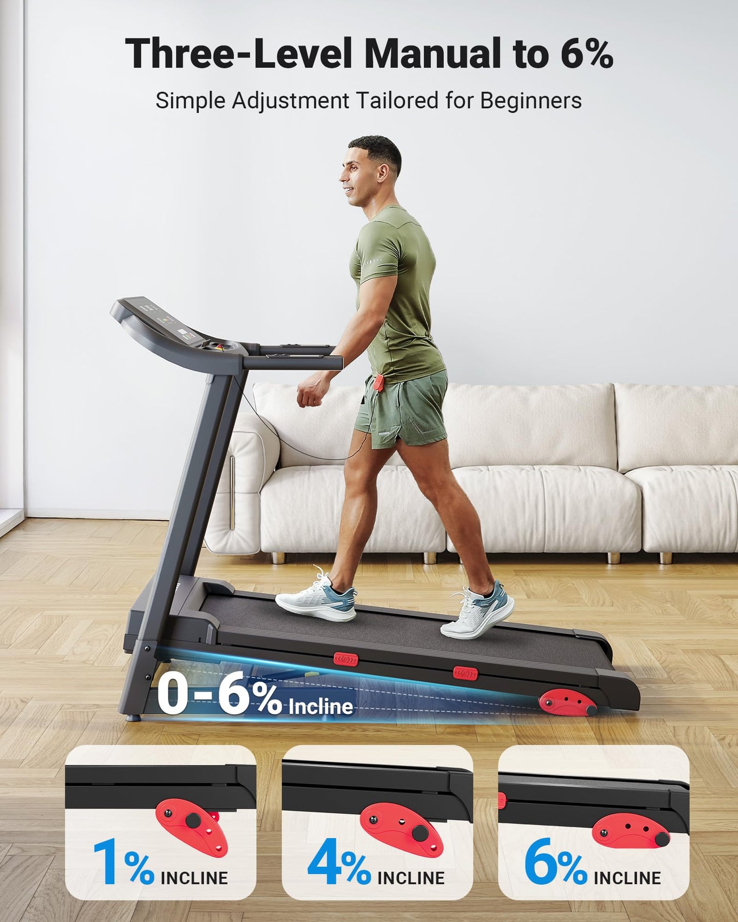 THERUN Incline Treadmill 18" LED Screen & 16.5‘’ Wide Belt, Running Treadmill 2 Layers Shock-Absorbing, Foldable for Indoor Fitness Workouts