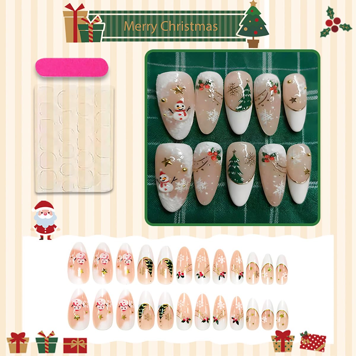 24Pcs Christmas Press on Nails Medium Almond Fake Nails 3D Star Xmas Tree Holly Snowmen Design Winter Glue on Nails French Tip False Nails Gold White Snowflake Acrylic Stick on Nail for Women Manicure