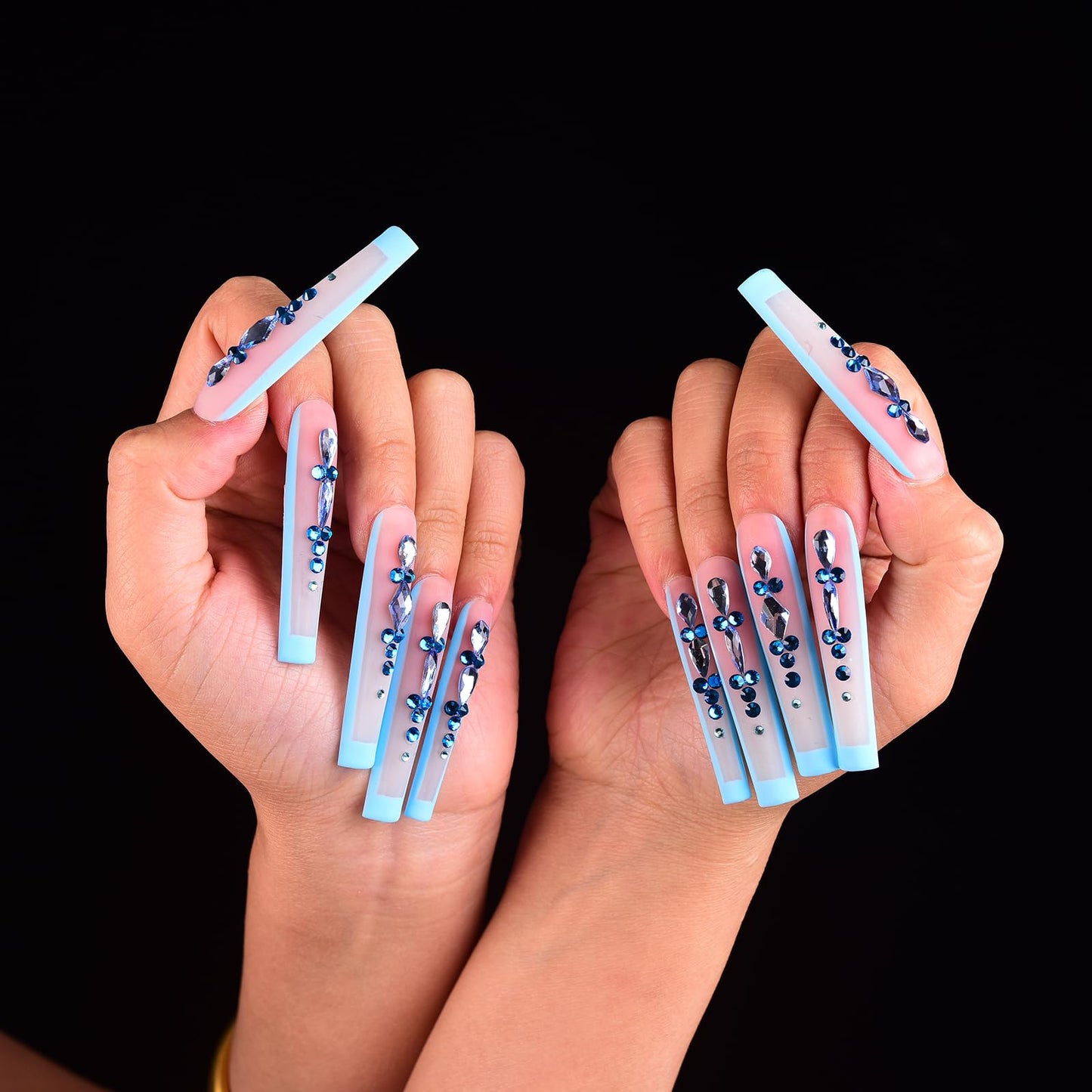 Tmani 10pc/set Extra Long Handmade Press On Nail Hot Girl's Long Ballet Nails Square Nail Full of Diamond Glitter Decoration Fake Nails Suitable For Girls Festival Parties and Birthday Gift (136,L)