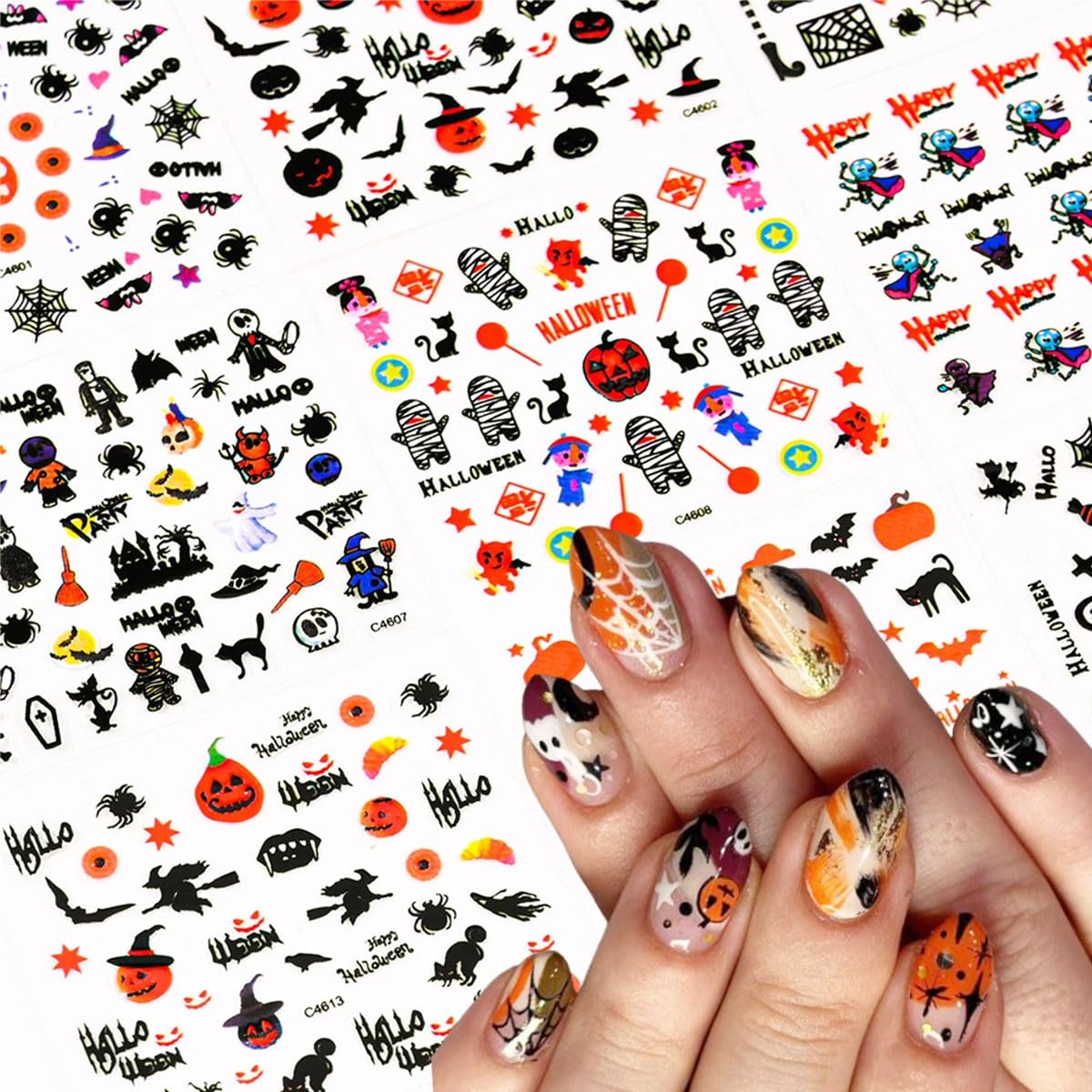 24 Sheets Halloween Nail Art Stickers 3D Self-Adhesive Nail Decals Ghost Pumpkin Bat Cat Skull Nail Designs Sticker Spooky Witch Spider Ghost Nail Stickers for Women Girls Acrylic Manicure Supplies