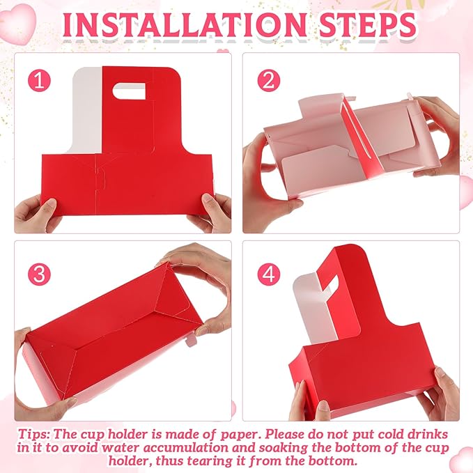 MotiMind 50 Pack Mother's Day 2 Cup Drink Carrier with Handle, Kraft Paperboard Teacher Cup Holder Portable for Hot Cold Drinks, Coffee Carrier Gift with Heart Card Rope (Red)