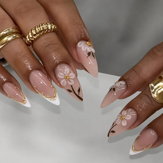 Long Press on Nails Almond Fake Nails Pink Artificial Nail White Flower Gold French Leaf Vine Glossy Stick on Nail Elegant Floral Design for Women 24pcs