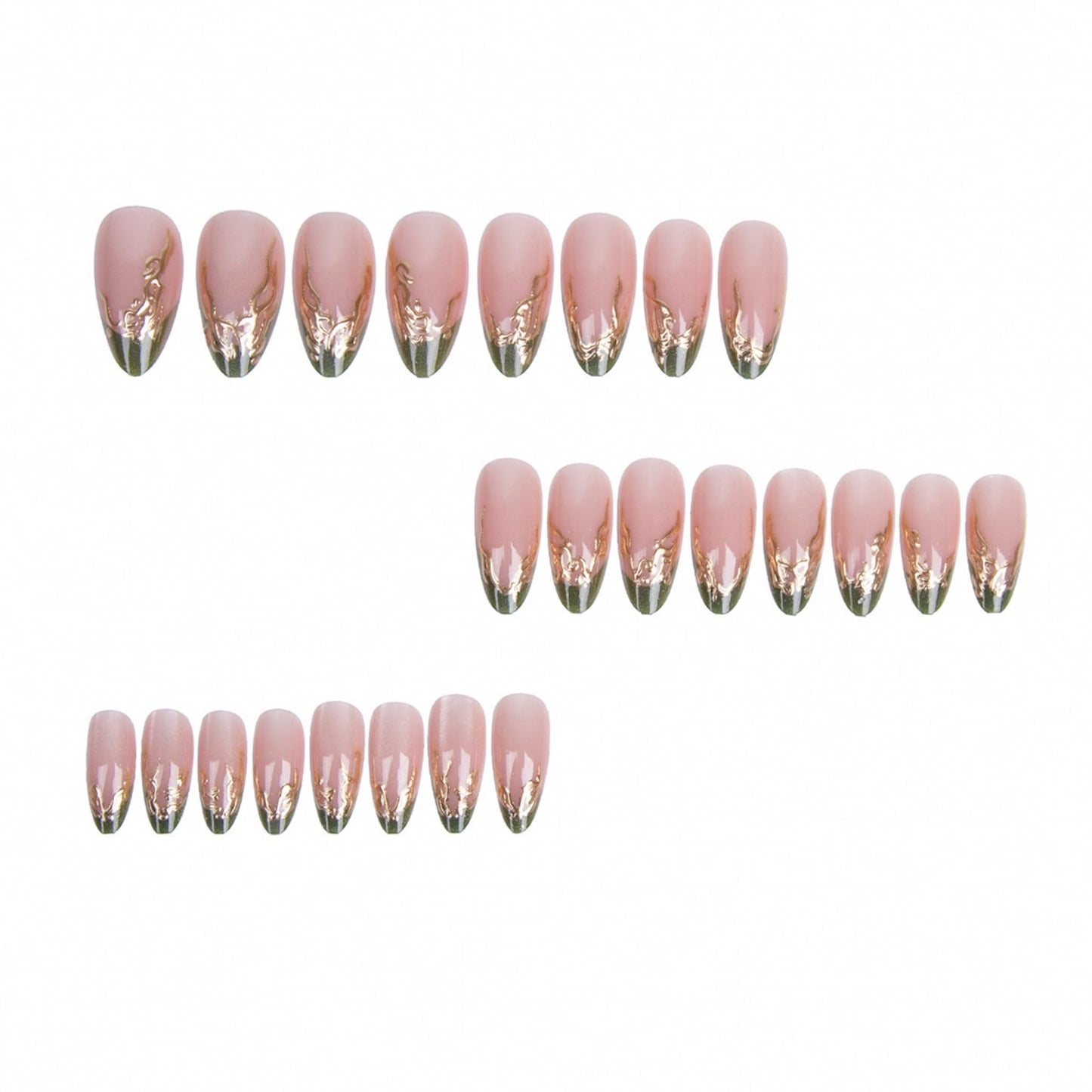 Medium Press on Nails Almond Fake Nails Green Acrylic Nail Press Ons Seeneey Gold Charm Designs Cat eye Stick on Nail for Women 24pcs