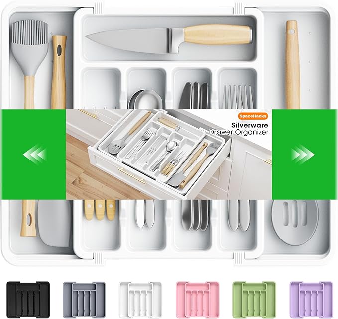 SpaceHacks Silverware Organizerï¼Adjustable & Expandable Utensil Drawer Organizer, BPA Free Utensil Holder, Cutlery Tray for Forks, Spoons, Knives in Kitchen, Medium, White