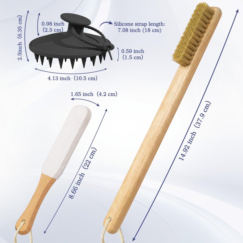 Manmihealth Silicone Back Scrubber & Soft Shower Brush, Silicone Scalp Massager, Wooden Foot Files Brush Set 7 PCS, Whole Body Scrubber & Shampoo Brush Combination, with 4 Free Hooks (Style 2 Black)