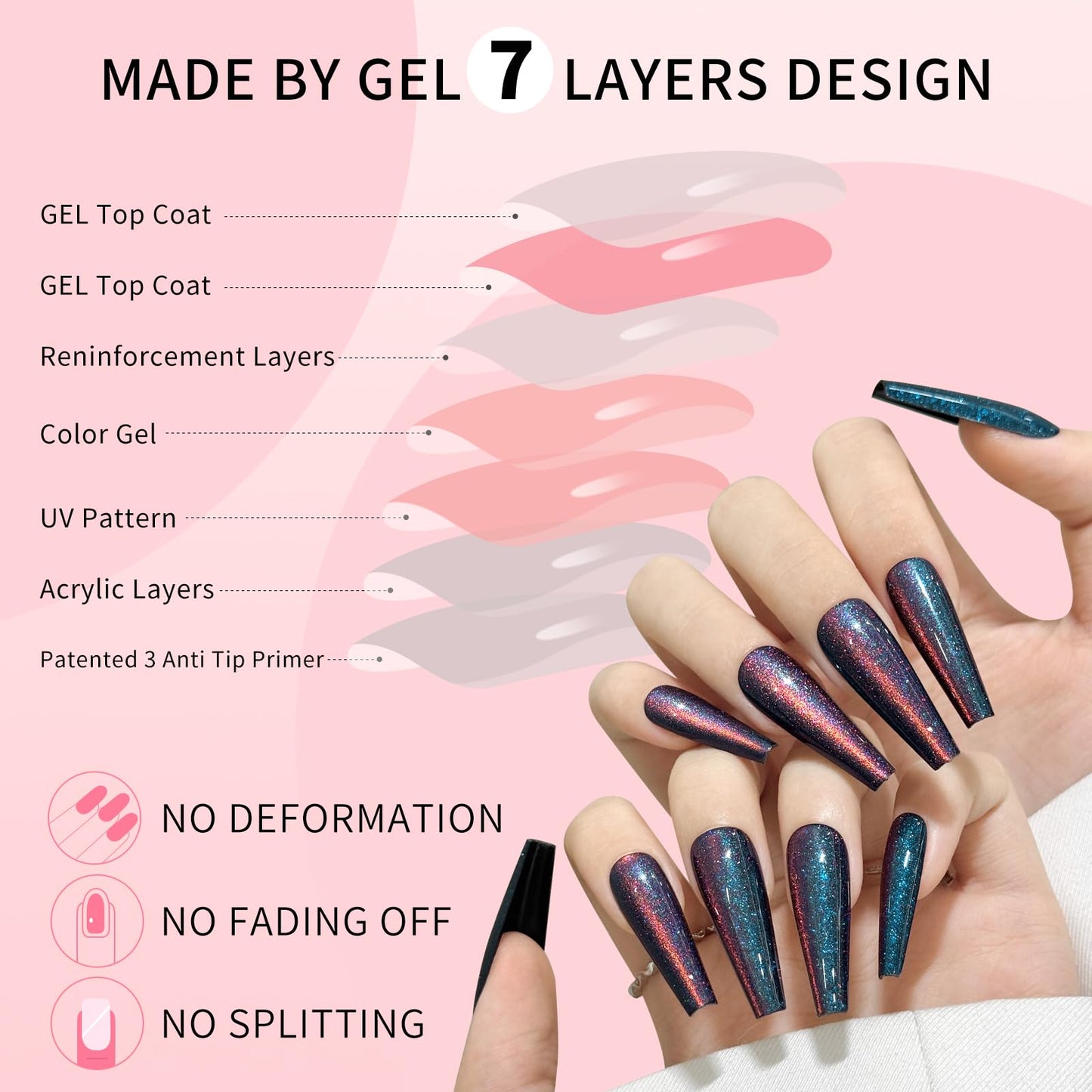 Navy Blue Cat Eyes Press On Nails,12 Sizes - 24 Pcs Soft Gel Blue Long Coffin Fake Nails Kit with Nail Glue, Natural Reusable Stick On False Nails for Women and Girls SK1039