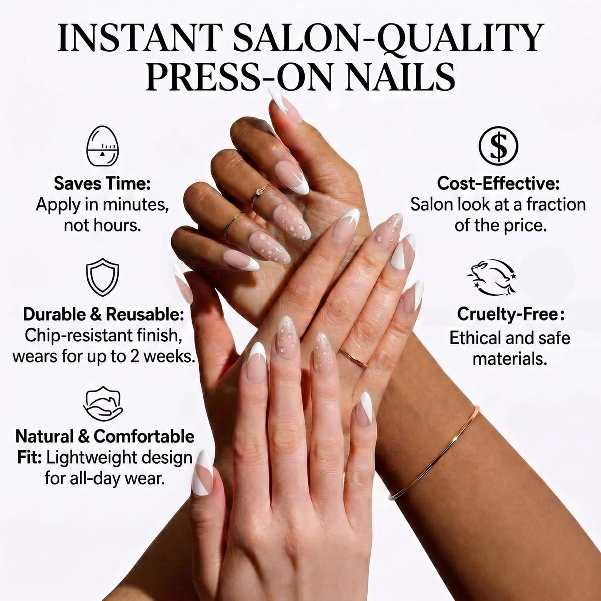 IMSOHOT Almond Press on Nails, Medium Fake Nails, Nude Pink French 3D Water Drop Design, 24 Pcs Reusable Glue on Nails for Women, Salon Quality