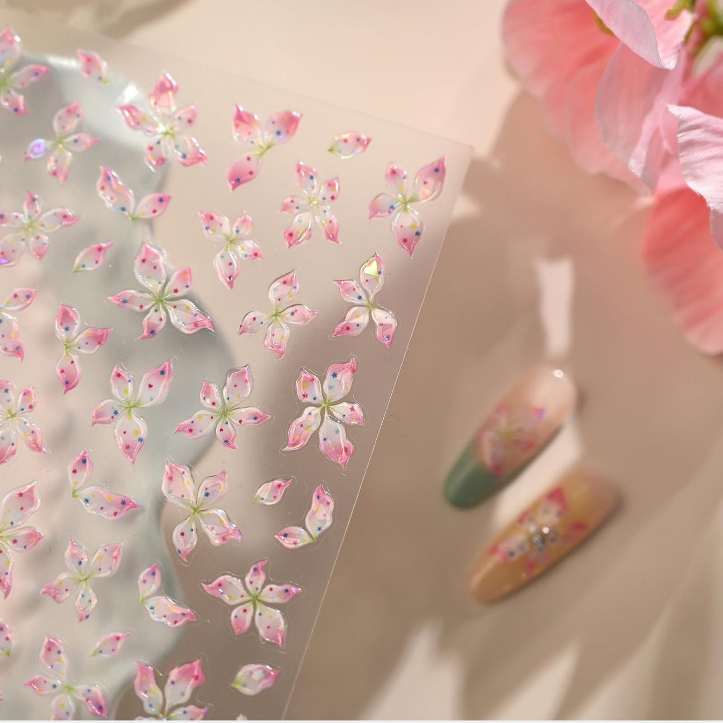 5D Embossed Flower Nail Stickers Pink Floral Nail Decals Spring Nails Art Stickers Self Adhesive Design Nails Charms Supply for Women Manicure Decoration Accessories