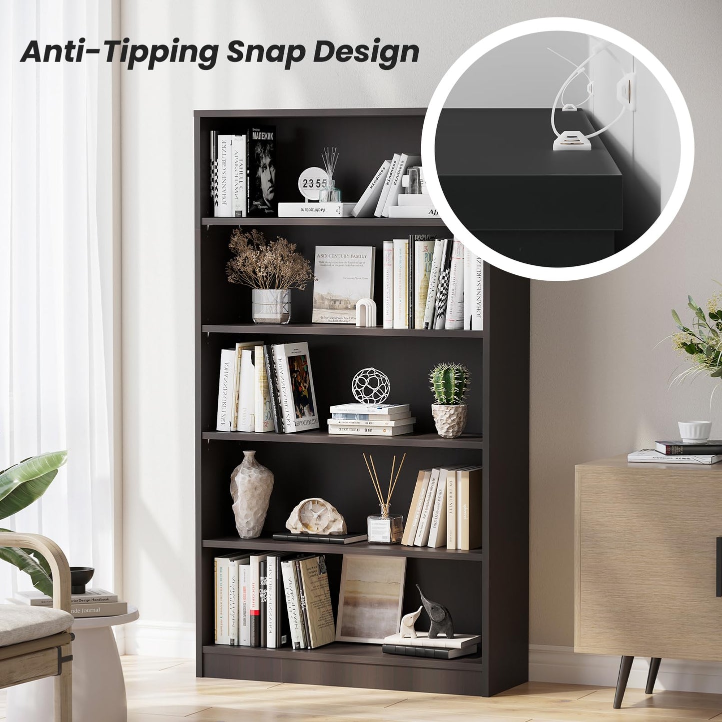 i-VTIES 5-Tier Bookshelf,60inch Tall Bookcase with Adjustable Shelves,Modern Display Book Shelf,Wood Storage Shelves for Bedroom, Office, Living Room & Library（Black）
