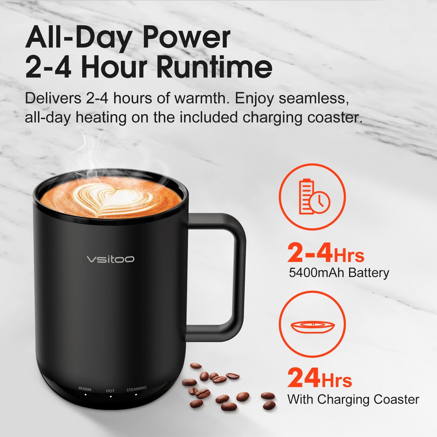Vsitoo S3 Plus 14oz Heated Coffee Cup - Temperature Control Smart Mug with Mug Warmer, Auto-Sensing AI Heats Drinks to 120-150°F Hands-Free.Ideal for Home/Office/Gifts，Black