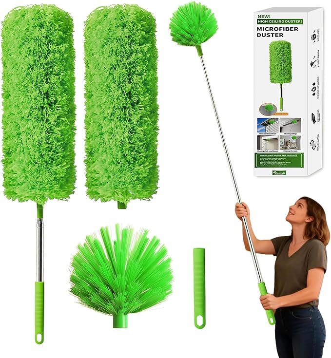 Cobweb Duster with Extension Pole, Washable Cleaning Duster Kit with 3 Duster Heads, Cobweb Duster, Corner Brush, Aluminum Telescoping Pole for high Ceiling Fanï¼Spider Web Brush with Extension Pole