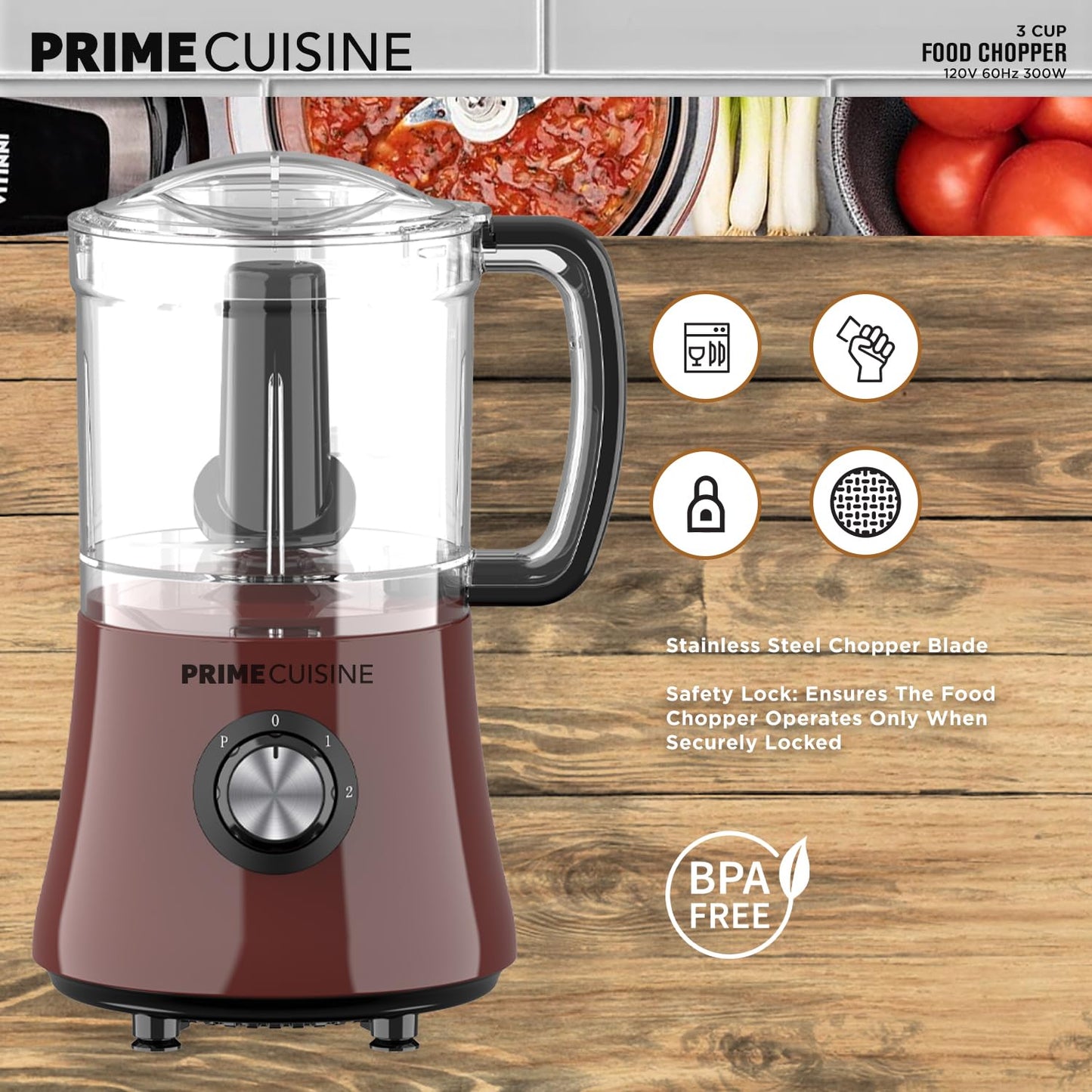 PRIME CUISINE Electric Vegetable Chopper & Food Processor, 3 Cup Capacity, For Mincing, Emulsify and Puree (Burgundy)