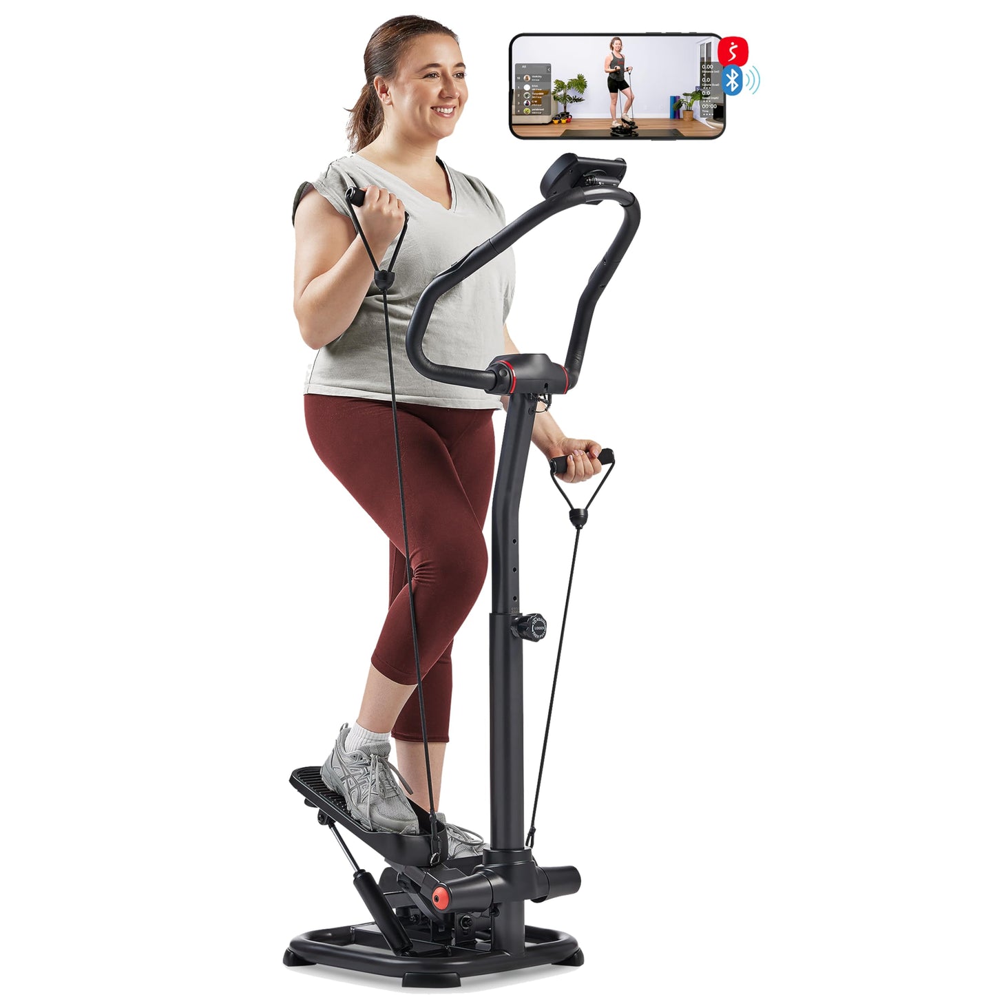 Sunny Health & Fitness 2-in-1 Premium Power Stepper with 400lbs Weight Capacity and Resistance Bands, Low-Impact Cardio, Space-Saving, Height-Adjustable, with Bluetooth and Free SunnyFit App