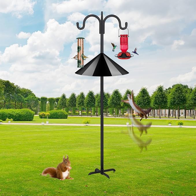 FEED GARDEN Heavy Duty Shepherds Hook Squirrel-Proof Bird Feeder Pole 92" Double Hooks 5-Prong Base & 19" Baffle for Outdoor Feeders & Plants