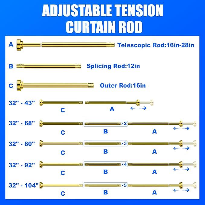 Ausemku Shower Curtain Rod - 32-104 Inch Rustproof Tension Rod, Non-Slip Spring Design, No Drilling Adjustable Curtain Rod for Bathroom, Kitchen, and Closet（Gold）