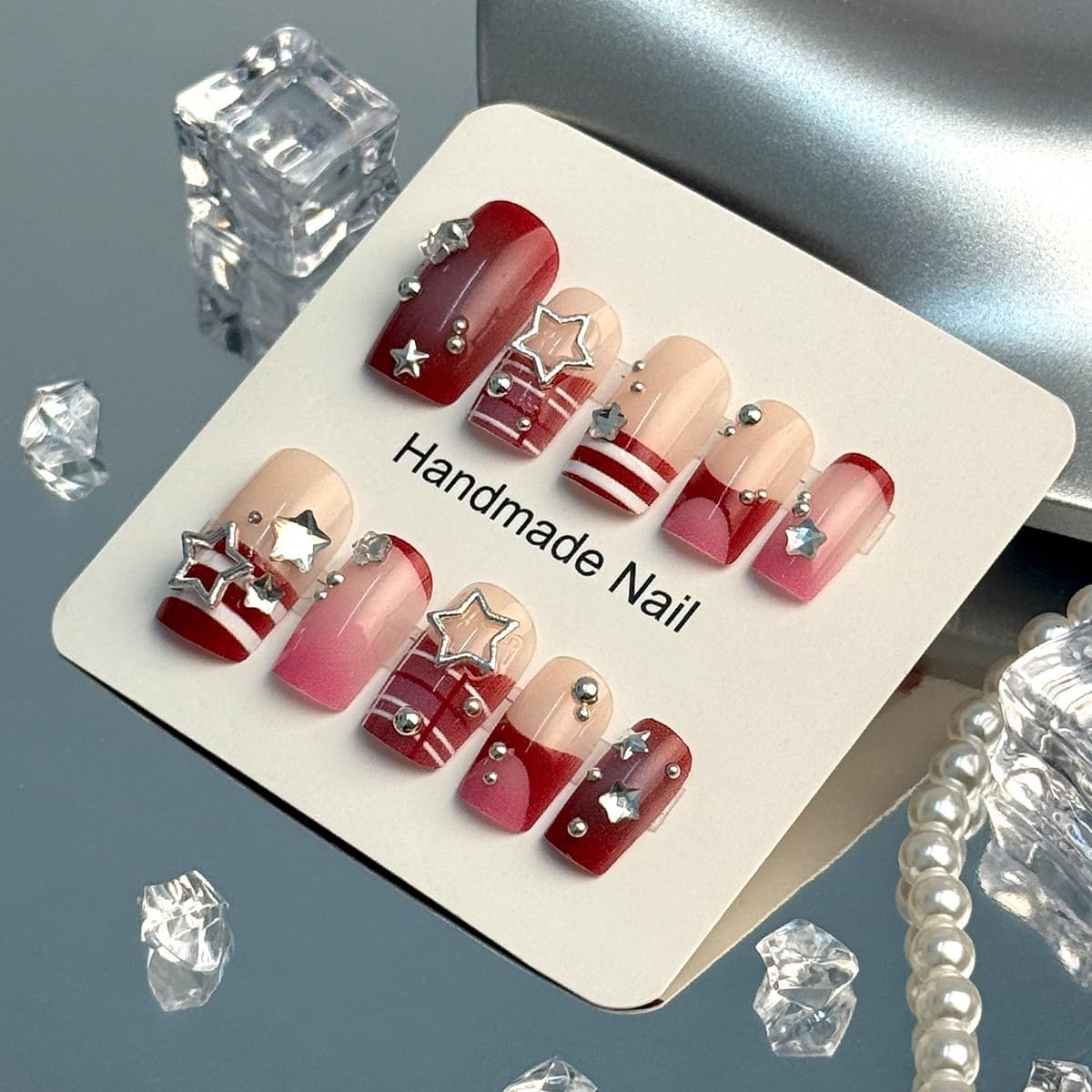 plalely Square Press on Nails Medium Pink Fake Nail 3D Star Charms with Stripes Acrylic Nail Press ons Y2K Style Stick on Nail for Women 24pcs
