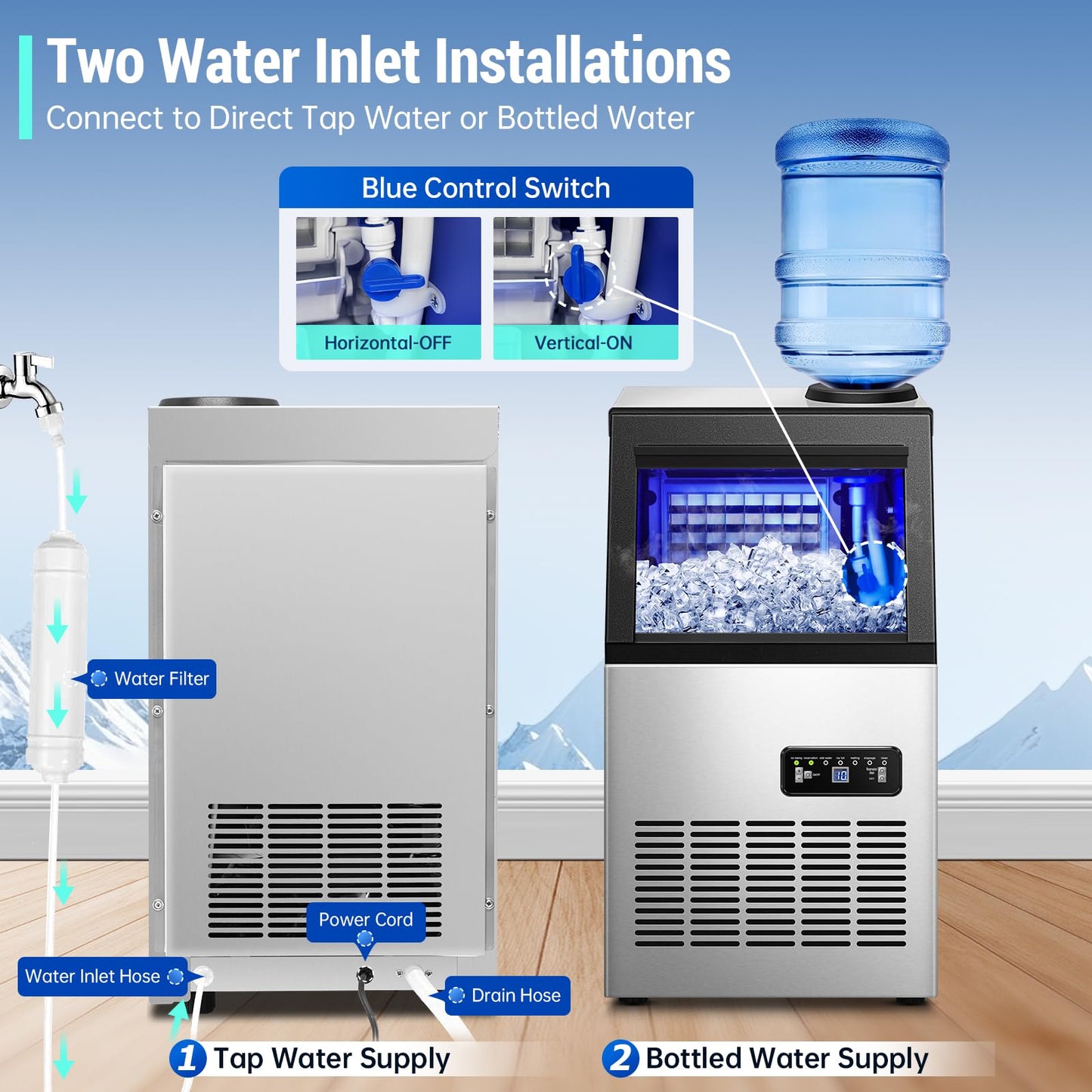Amzgachfktch Commercial Ice Maker, 120 lbs/24H Ice Machine, 2 Water Inlet Modes, Under Counter Ice Maker with 33 lbs Storage, Auto Self-Cleaning, Freestanding Ice Machine for Home Office Bar